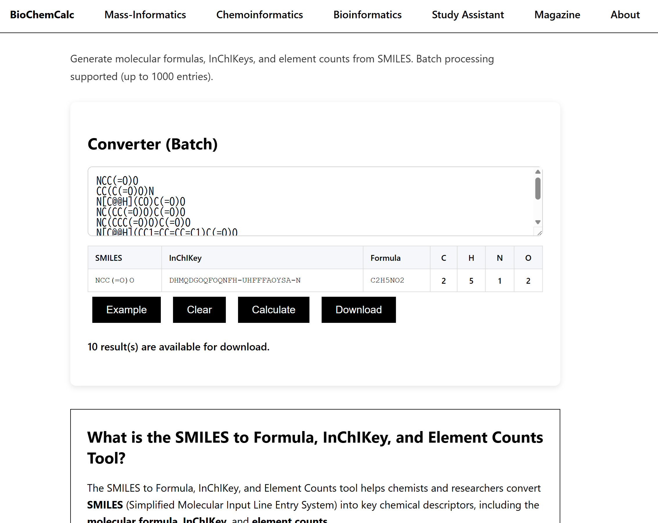 SMILES to Formula, InChIKey, and Element Counts