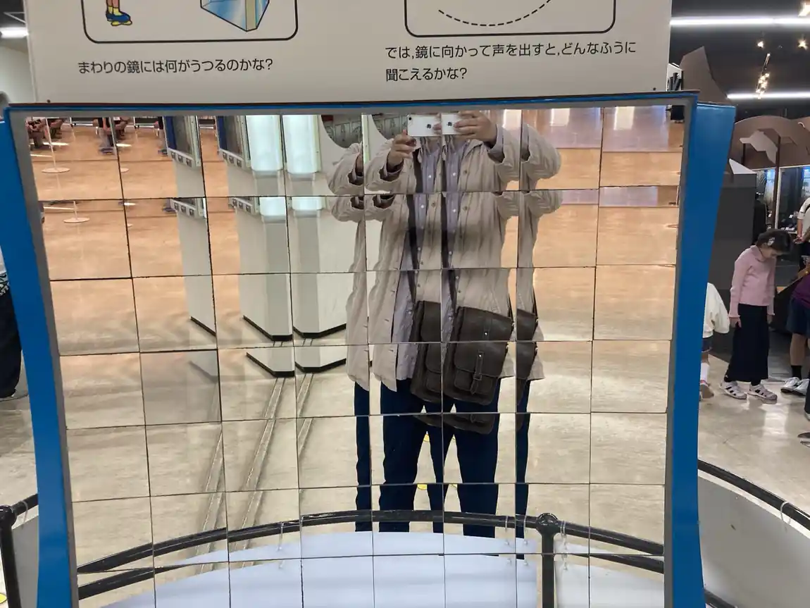 Interactive arrangement of reflective mirrors that creates repeated images of a visitor