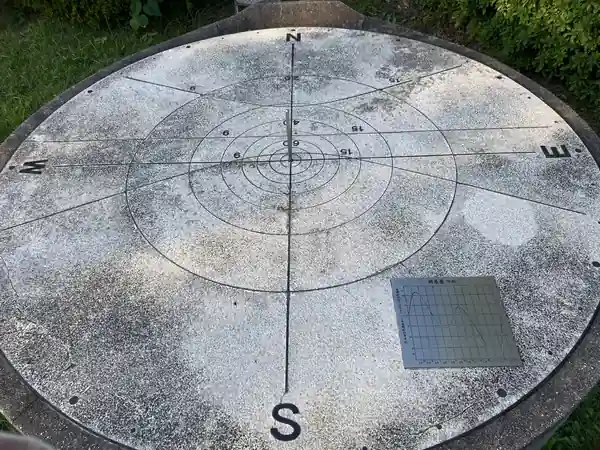Large circular solar position display with cardinal directions and curved hour or seasonal markings