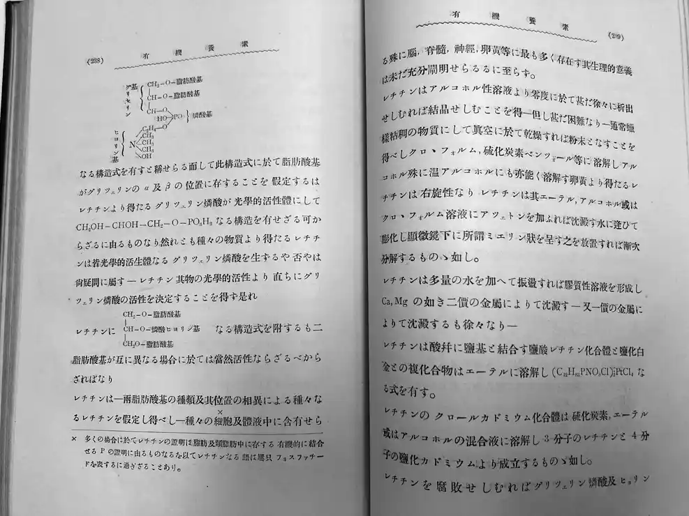 Upright photograph of 1915 Japanese textbook pages 238 to 239 with lecithin and glycerophospholipid structural formulas