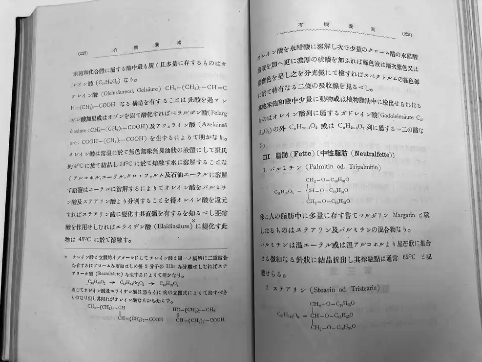 Upright photo of pages 228 to 229 from 1915 Japanese book discussing oleic acid and its chemical structure